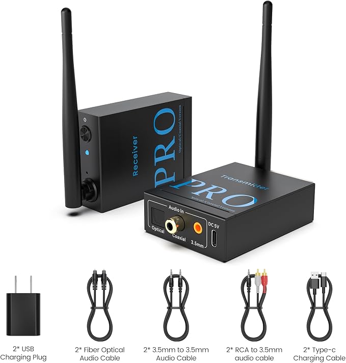 1Mii 2.4GHz Wireless Audio Transmitter and Receiver (1 TX+1 RX), HiFi Audio, 20ms Low Latency, 328ft Long Range Wireless Kit for Powered Speaker/Stereo/Soundbar, Optical/Coaxial/3.5mm(RCA) Ports