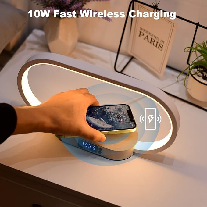 Donewin Bedside Lamp with Wireless Charger,Wooden Table Lamp with Charging Station,Touch Nightstand Lamp with Clock,3 Color Stepless Dimming Touch Lamp for Bedroom,Unique Gifts for Women