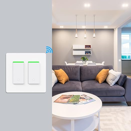Smart Light Switch 2 Gang WiFi Smart Light Double Switch Compatible with Alexa, Google Assistant,Wireless Control, 2.4G WiFi Smart Light Switch, Single-Pole, Neutral Wire Required