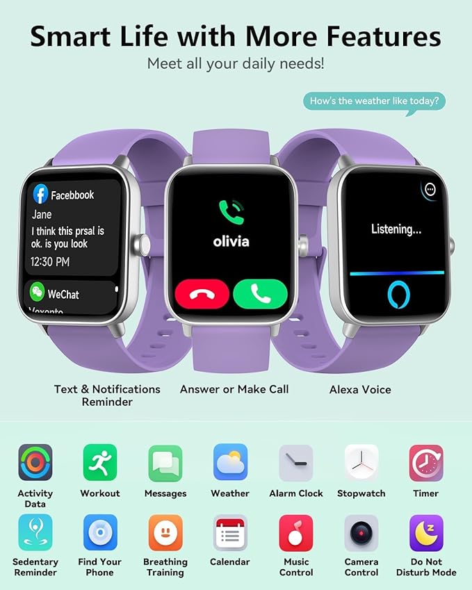 Quican Smart Watches for Women, Compatible for iPhone and Android Phones | 1.8" Fitness Tracker Watch, Waterproof, Calling, Heart Rate/Sleep Monitor, Alexa, Gifts for Women, Silicone Band, Purple