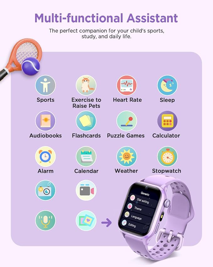 Kids Smart Watch, No App or Phone Needed, Fitness Tracker Watch, Heart Rate, Puzzle Games, IP68 Waterproof, Sleep Monitor, for Boys Girls Ages 4-12, Purple