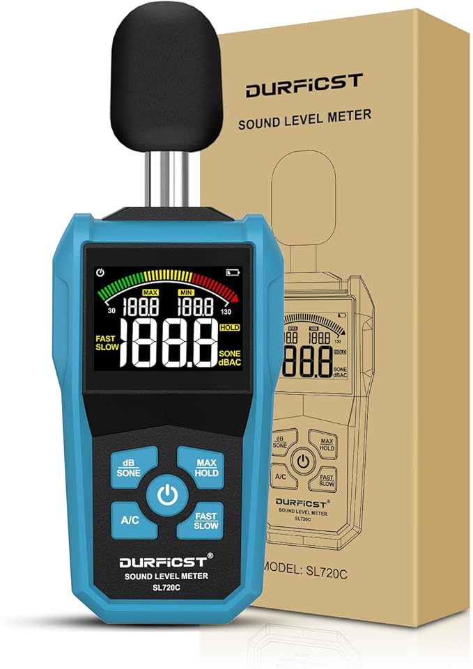 Decibel Meter, DURFICST Sound Level Meter with LCD Color Screen, 30-130dB SPL Meter with A/C Weighting, Data Hold, MAX/MIN,dB/SONE Unit,FAST/SLOW Response,for Home, Office, Factory, Noisy Neighbors