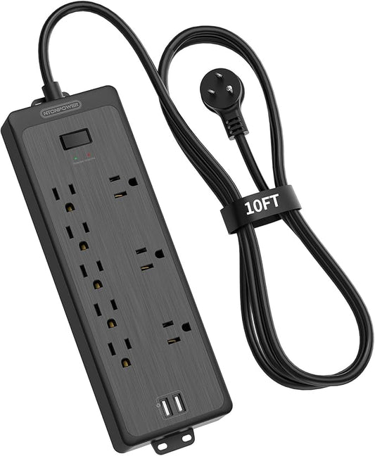 10 FT Long Extension Cord, NTONPOWER Power Strip Surge Protector with 8 Outlet(3 Widely Spaced) and 2 USB Ports, 1875W/15A, Wall Mount, Desktop Charging Station for Home, Office and Dorm Essential
