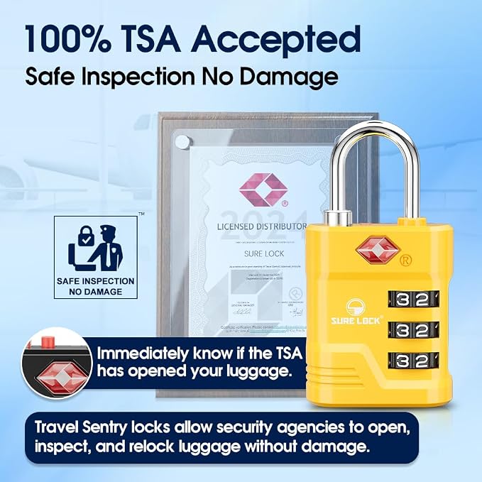 SURE LOCK TSA Approved Luggage Lock – 3-Digit Resettable Combination Padlock with Open Alert Red Dot, Large Easy-Read Dials for Suitcases, Backpacks, Gym & School Lockers(Yellow 4 pk)