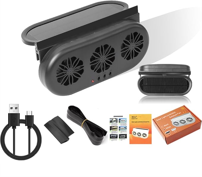 Solar-Powered Exhaust Fan for Car Windows - Vehicle Ventilation with 3 Air Outlets (Black)