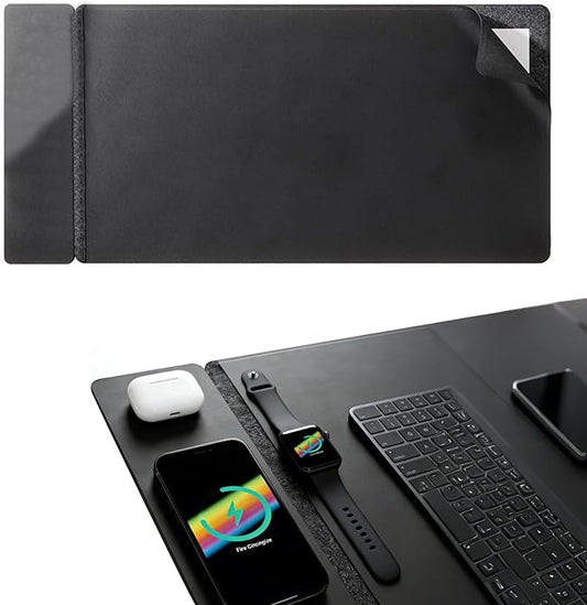 3 in 1 Wireless Charging Mouse Pad, 15W Fast Charge Extended Gaming Desk Mat (78x37cm) for Keyboard and Mouse, Waterproof Non-Slip Rubber Base Workstation Pad Compatible with Phone and Earbuds, Black