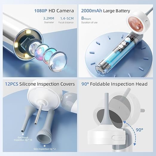 Otoscope Ear Camera with Light, 1.4” Screen 1080P HD Ear Scope, 12 Silicone Specula Tips, Photo & Video Recording, Type-C Rechargeable, Ear Otoscope Camera for Adult Kid and Pet