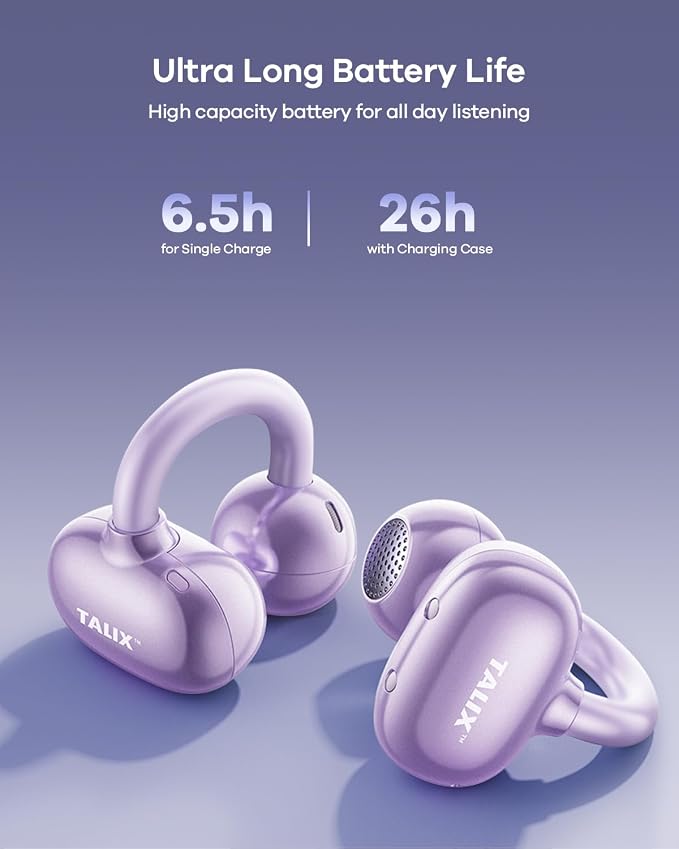 TALIX Ultra Open Ear Earbuds X6, Clip-On Headphone with Directional Sound, Ultra-Light Comfort Fit, Bluetooth 5.4 Wireless Earbuds, 26H Playtime, Spatial Sound, for Running, Workout& Daily Use(Purple)