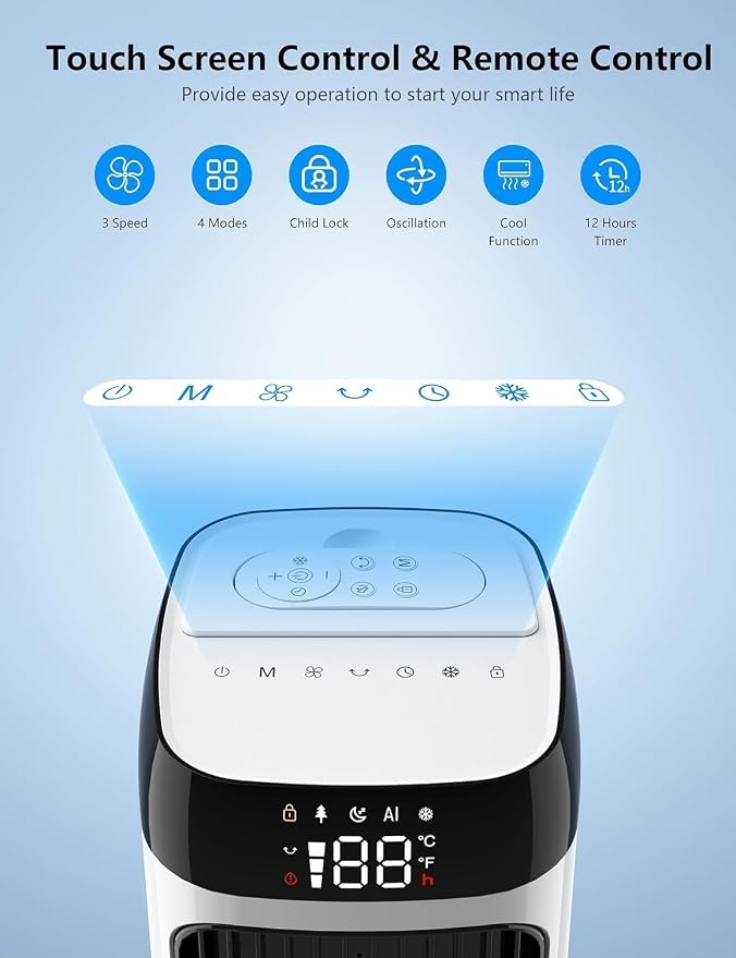 JRD 41" Evaporative Cooler with 3 Speeds, 5 Modes, Remote, 80° Oscillation Swamp Cooler with 12H Timer, Bladeless Tower Fan Cooling Fan for Bedroom Office Home