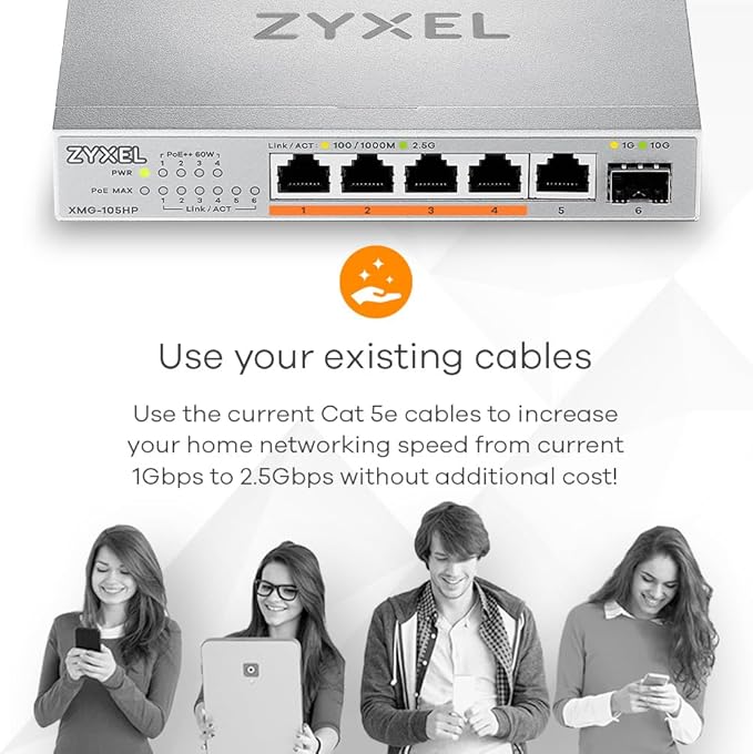 Zyxel 5 Port Network Switch | 2.5Gb Multi Gigabit Switch | Unmanaged | 5X 2.5G, 1x 10G SFP+ | Plug and Play Easy Installation | Fanless | Desktop Ethernet Splitter | TAA Compliant | XMG-105
