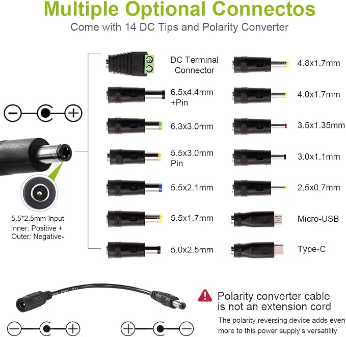 Universal Power Supply 3V~36V 4A 144W Adjustable Variable 3V 5V 9V 12V 24V 30V 36V AC/DC Adapter Charger, 100V-240V AC to DC Converter with 14 Tips, Polarity Converter and 4-Way Power Splitter Cable