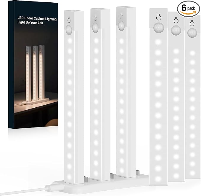 6-Pack Under Cabinet Lighting with Charging Station 8.1-Inch Rechargeable Motion Sensor Light Indoor 3 Color Dimmable Closet Light, USB Stick on LED Magnetic Under Counter Lights for Kitchen Shelf