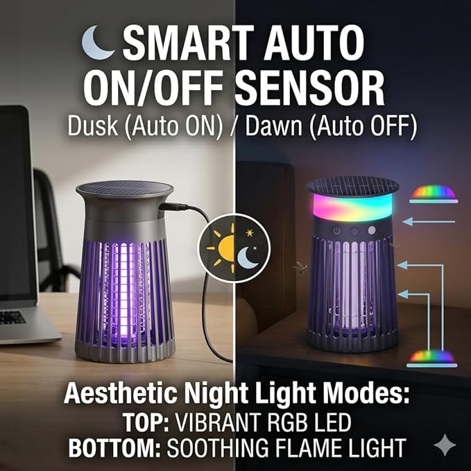 Solar Bug Zapper Outdoor & Indoor, 4200V Electric Mosquito Killer w 4000mah USB Rechargeable Battery, Fly Trap for Gnat, Fruit Fly, Moths, Portable Pest Control for Camping, Garden, Patio