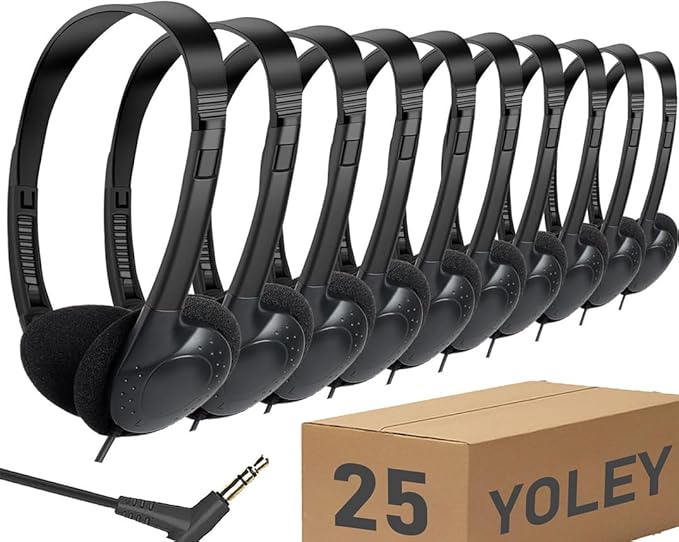 Classroom Headphones Bulk 25 Pack Class Set for School Students Kids and Adult -Sturdy Wired 3.5mm Plug (Black, 25 Pack)