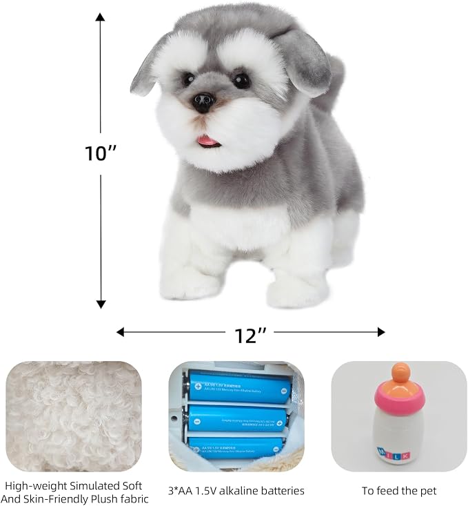 CU-MATE 12" Electric Plush Dog Toys, Electronic Stuffed Animal Dog Toy, Interactive Wuffy Robot Toy, Walking, Talking, Barking & Wagging Tail, Gifts for Boys and Girls (Schnauzer)