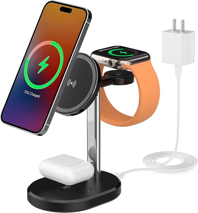 3 in 1 Wireless Charging Station,Detachable Apple Watch Charger & 15W Charger Stand for MagSafe for iPhone, Wireless Charger for Multiple Devices iPhone 16/15/14/13&Watch&AirPods（Black）