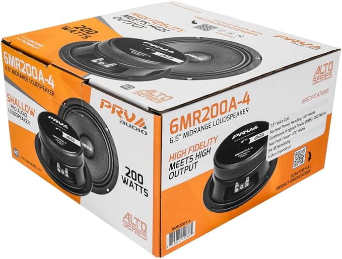 PRV AUDIO 6.5 Midrange Speakers Pair 6MR200A-4, 200 Watts, 4 Ohm Shallow Mount Car Audio Slim Speaker, 1.5 in Voice Coil, Compact for Doors (2 Speakers)