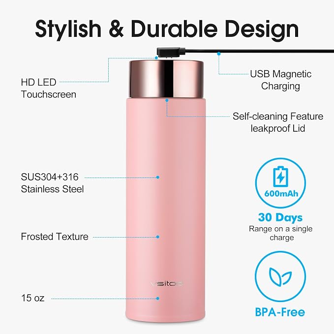 Vsitoo Smart self cleaning Insulated Water Bottle, 15oz Stainless Steel Vacuum Flask, AI Self-Clean, 30-Day Battery Life, BPA-Free, Magnetic Charging, Portable Travel Mug Gifts for Men Women, Pink