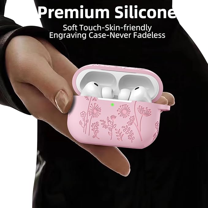 Lerobo for AirPods Pro 3 Case Cover with Cleaner Kit, Cute Flower Engraved Silicone Protective Cover with Keychain Compatible with Apple AirPod Pro 3rd Generation Case 2025 for Women and Girls, Pink