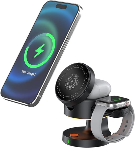 3in1 Wireless Charging Station for iPhone, Magsafe Charger for iPhone 17,16,15,14 Pro Max Plus, Fast Charging Station for Apple Watch, Magnetic Wireless Charger Dock Compatible with Airpods