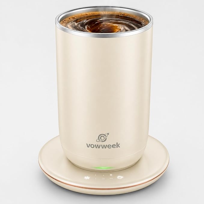 Self Stirring Heated Coffee Mug, 10 oz Auto Magnetic Mixing Cup, White | 304 stainless steel interior. Includes 3 heat settings, 8H auto shut-off, plug-in base for home office desk