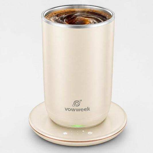 Self Stirring Heated Coffee Mug, 10 oz Auto Magnetic Mixing Cup, White | 304 stainless steel interior. Includes 3 heat settings, 8H auto shut-off, plug-in base for home office desk