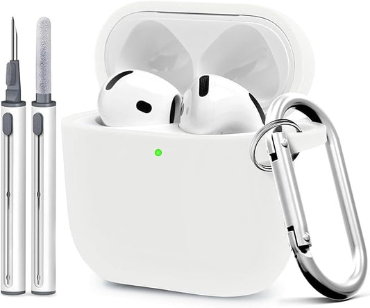 for Airpods 4th Case Cover, Come with Cleaner Kit,Soft Skin Silicone Case Cover with Keychain, Full Protective Case for Men and Women, Compatible with AirPods 4th Generation Case,White