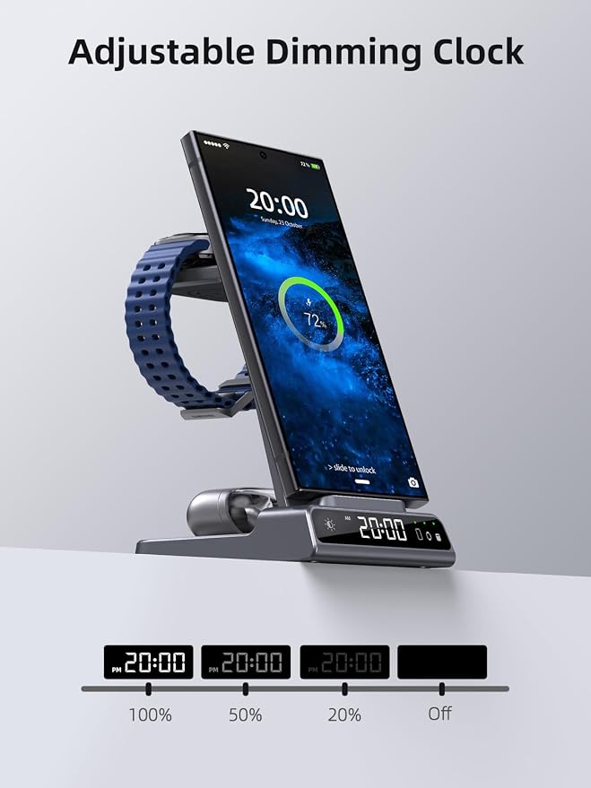 Wireless Charger for Samsung Charging Station: 3 in 1 Android Charging Stand with Dimmable Clock - Nightstand Organizer for Galaxy S25 Ultra, Galaxy Watch 8 7 6 5 4, Galaxy Buds (Not for iWatch)