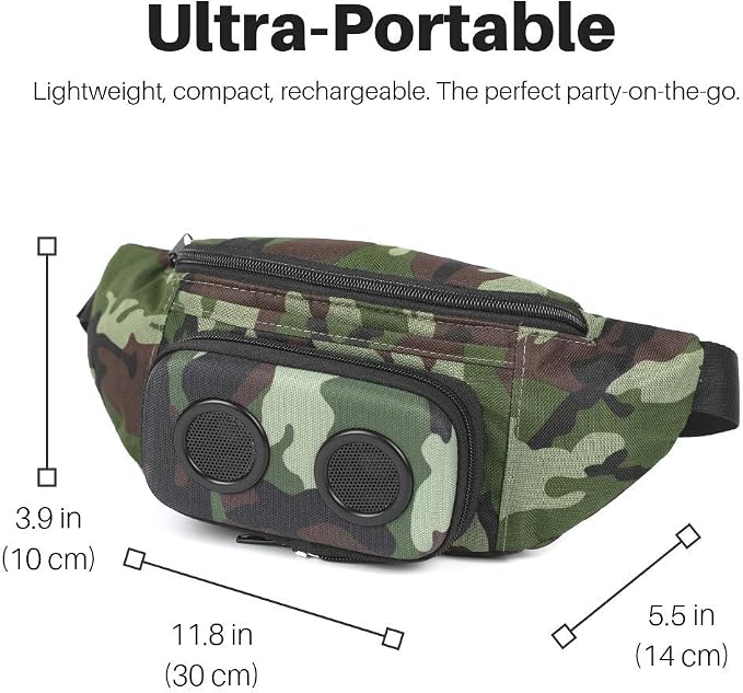 Fannypack with Speakers. Bluetooth Fanny Pack for Parties/Festivals/Raves/Beach/Boats. Rechargeable, Works with iPhone & Android. (Camo)