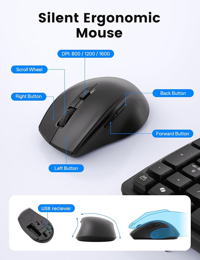 Wireless Keyboard and Mouse Combo, SABLUTE MA41 30dB Quiet Ergonomic Wave Keyboard Set with Soft Leather Palm Rest, Dual-System Switch for Windows/Mac, Ideal for Business Teams Home Office