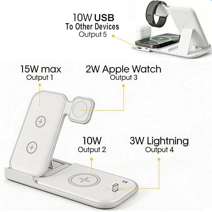 5 in 1 Wireless Charging Station for Multiple Devices, Premium Fast Charging Stand for Apple Samsung Android, Dual Phone Dock with USB Port for Desk Nightstand