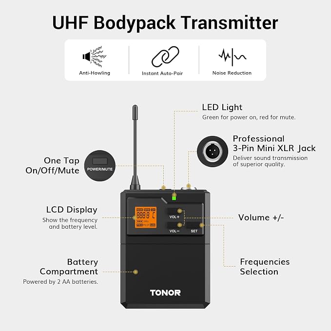 TONOR Wireless Microphones System with Metal 2 Cordless Mic and 2 Headset/Lapel/Lavalier Mic, Bodypack Transmitter, Receiver for Karaoke Church Singing Party PA Speaker, 4*10 Channels 90 m/295ft Range