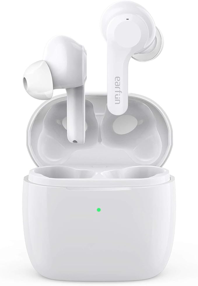 EarFun Air True Wireless Earbuds, Bluetooth Earbuds with 4 Mics, Sweatshield IPX7 Waterproof with Volume Control, USB-C Fast Charge, in-Ear Headphones with Wireless Charging, Deep Bass, 35Hrs, White