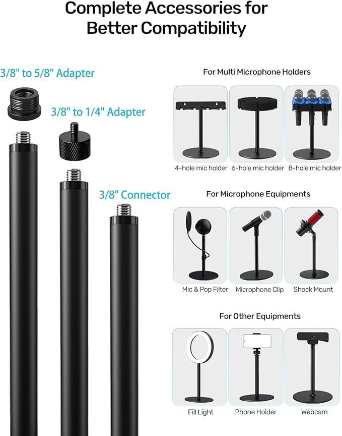 Multi Mic Holder with Mic Stand, Aluminum Desktop Microphone Holder Stand with Rubber Padding, Wall Mounted or Mount on Stand, Handheld Mics Storage for Podium, Stage, Church and Home Studio