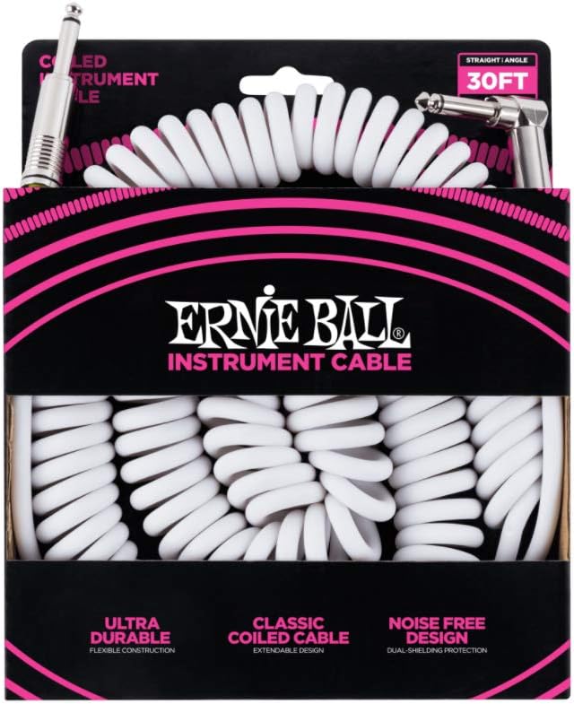 Ernie Ball Coiled Instrument Cable, Straight/Angle, 30ft, White (P06045)
