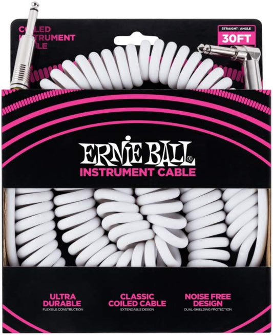 Ernie Ball Coiled Instrument Cable, Straight/Angle, 30ft, White (P06045)