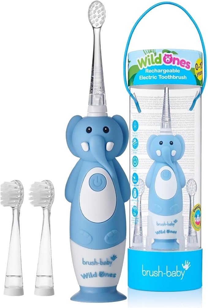 brush-baby WildOnes Kids Electric Rechargeable Toothbrush Elephant, 1 Handle, 3 Brush Heads, USB Charging Cable, for Ages 0-10 (Elephant)