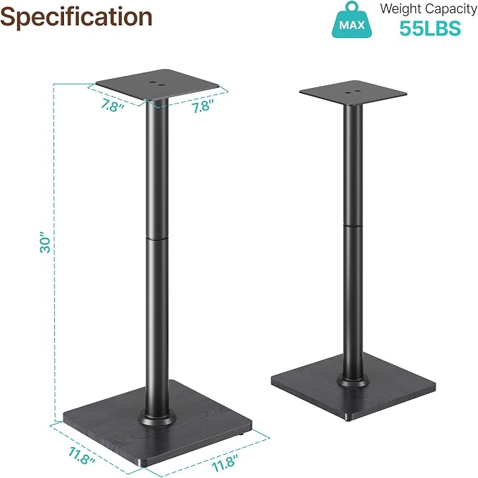Speaker Stands Pair, 30" Fixed Height, 55lbs Weight Capacity, 11.8" Base, Cable Management, Freestanding Speaker Floor Stand for Surround Sound,Wooden Base