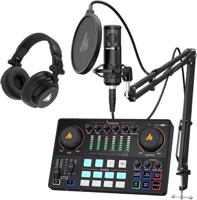 Audio Interface with XLR Condenser Microphone and Studio Microphone-Podcast Equipment-MAONO-MaonoCaster-All in One - with premium mic preamp for Podcast Recording, Streaming, Youtube, PC, Smartphone