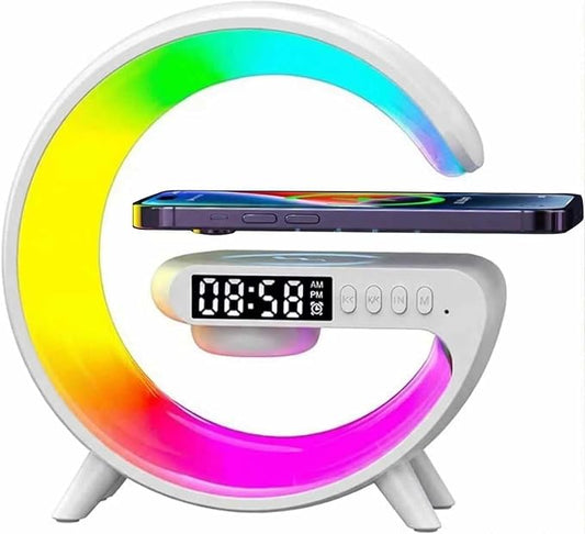 Mini Smart LED Table Lamp, 4-in-1 Wireless Charger, Wireless Charger with Speaker,Night Light, Alarm Clock, and Bluetooth Speaker for Bedroom and Home Decor (White)