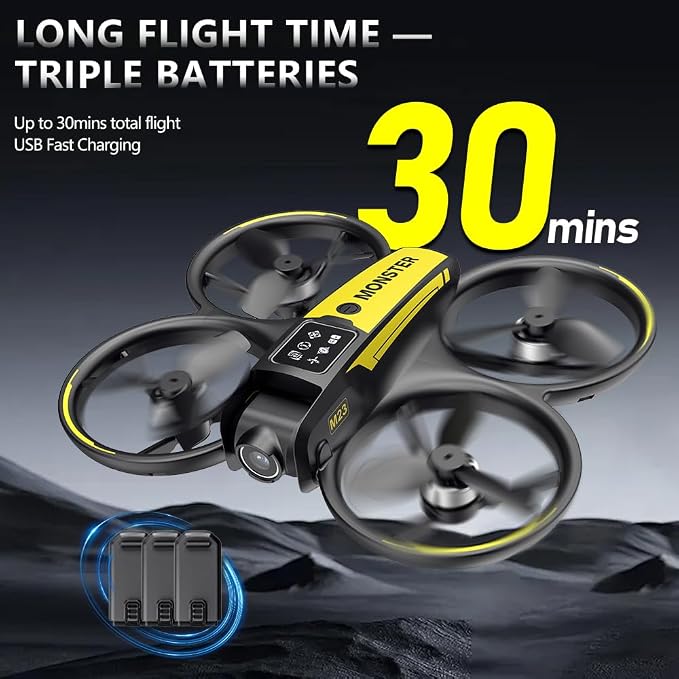 Drone with camera for kids and Remote – Beginner RC Drone for Kids with Brushless Motor, Optical Flow Hover, One-Key Takeoff, FPV Video (Yellow-Batteries*3)