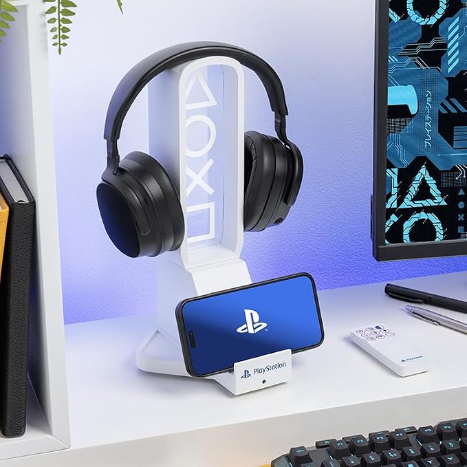Paladone PlayStation 3-in-1 Headphone Stand and Tech Charging Station with Console Controller Cradle and 2 USB-C Ports, RGB Colour Changing Light Panel, Officially Licensed Gift for Gamers