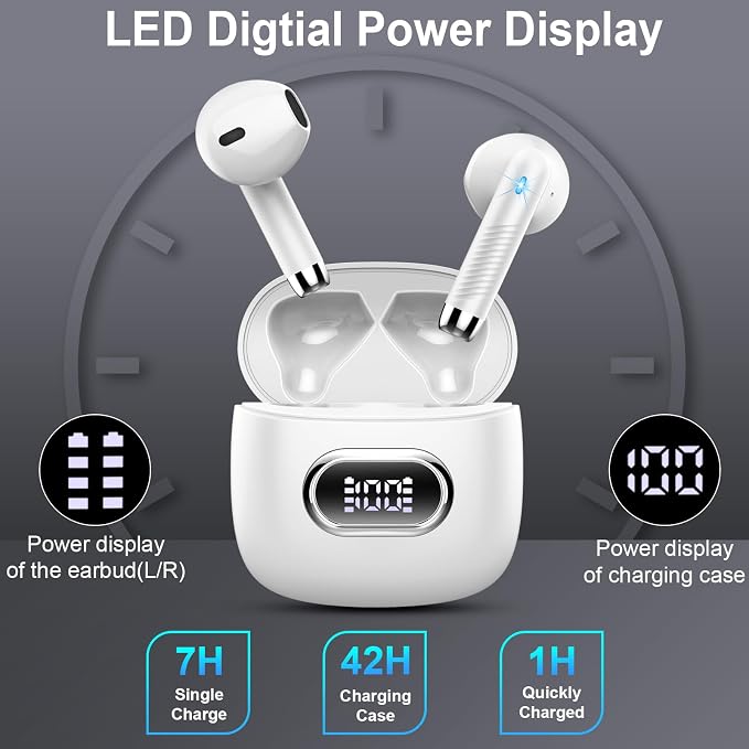 Wireless Earbuds, Bluetooth Headphones, Stereo Bass Ear Buds with ENC Noise Cancelling Mics,42H Bluetooth Earbuds with LED Display Charging Case, IP7 Waterproof Earphones for Android iOS/Glass white