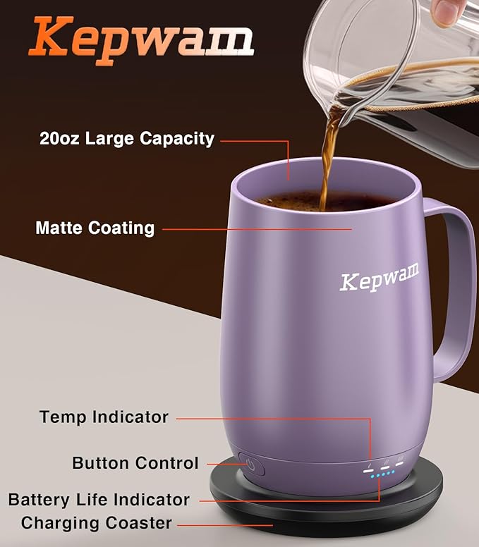 Kepwam Smart Heated Coffee Mug T2-Plus, 20oz Rechargeable Self Heating Coffee Mug with 8-Hour Battery & Temp Control, Perfect Coffee Warmer Gift for Men Women