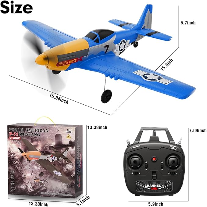P51D RC Plane 4CH 2.4GHz RTF Remote Control Airplane P-51 Mustang Fighter Glider Aircraft Ready to Fly Radio Controlled Drone Hobby Plane with 6-Gyro Xpilot Stabilization System for Beginners Trainer