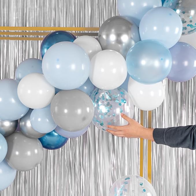 Restaurantware-Balloonify Balloon Garland Set, 1 Party Decoration Kit - 125 Balloons, With Chain, Confetti Blue & Gray Latex Balloon Arch Kit, Includes Glue Dots, Ribbon & Knot