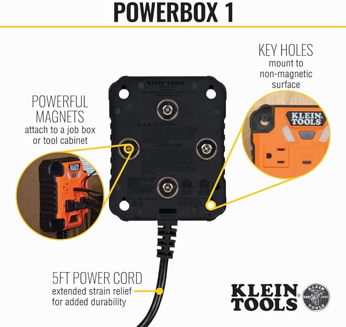 Klein Tools 29601 Magnetic Power Strip with Surge Protector, Extension Cord & AEPJS2 Bluetooth Speaker with Magnetic Strip and Hook, Rechargeable