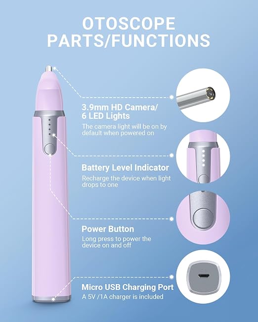 ScopeAround Otoscope with Light, Ear Camera with Dual View, 720pHD WiFi Ear Scope with 6 LED Lights, 3.9mm Lens Otoscope Camera for Kids and Adults, Ear Scope Compatible w/iPhone and Android Pink