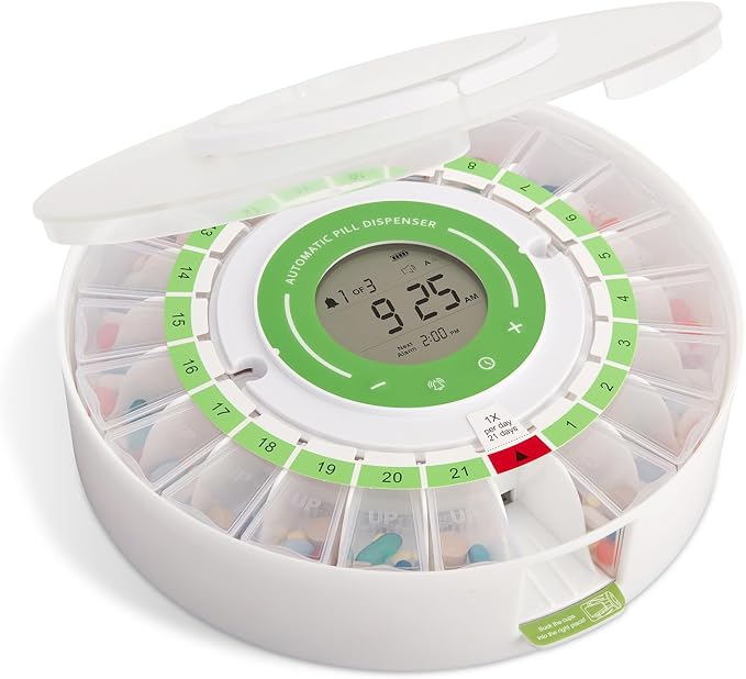 LiveFine Automatic Pill Dispenser with Removable Cups, 21 Compartments, 9 Dosage Rings, Alarm Reminder, LCD Display, Sound & Light Alerts, Locking Key for Vitamins, Supplements, Medications & Seniors