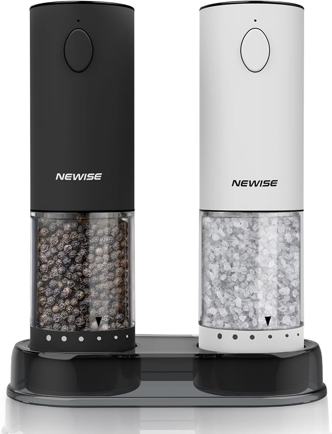 Electric Salt and Pepper Grinder Set, Adjustable Coarseness & LED Light, Rechargeable Large Capacity Stainless Steel Mill, Kitchen Appliances for Women Mom- Black/White